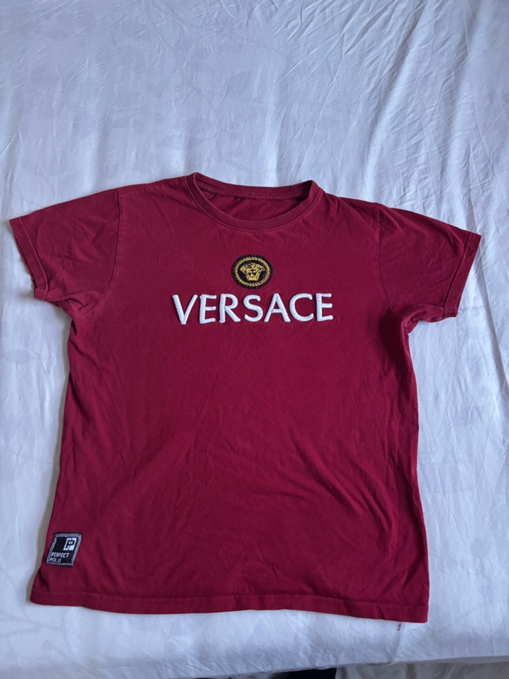 Versace Men's Burgundy Crewneck Tee with Gold Medusa Patch